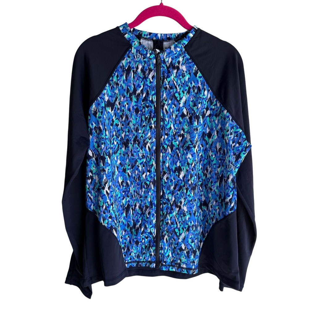 SWIMSUITS FOR ALL Navy Chlorine Resistant Zip Front Long Sleeve Swim Shirt, 16